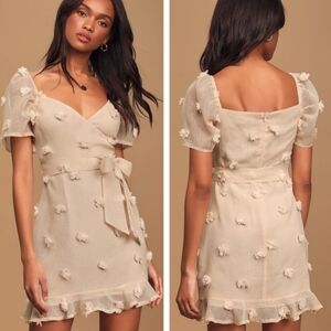 Lulu's Charming Appeal Beige Pom Pom Puff Sleeve Mini Dress